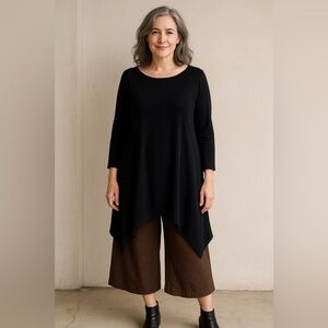 Cut Loose Womens Tunic Top Sz Large Black Lagenlook Sharkbite Hem Stretch Shirt